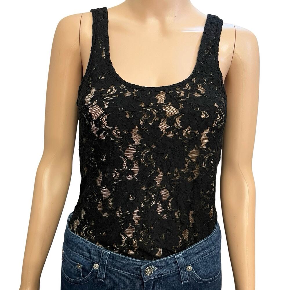 Loft Versa Floral Lace Bodysuit Small Black Nude Scoop Neck Minimalist Basic